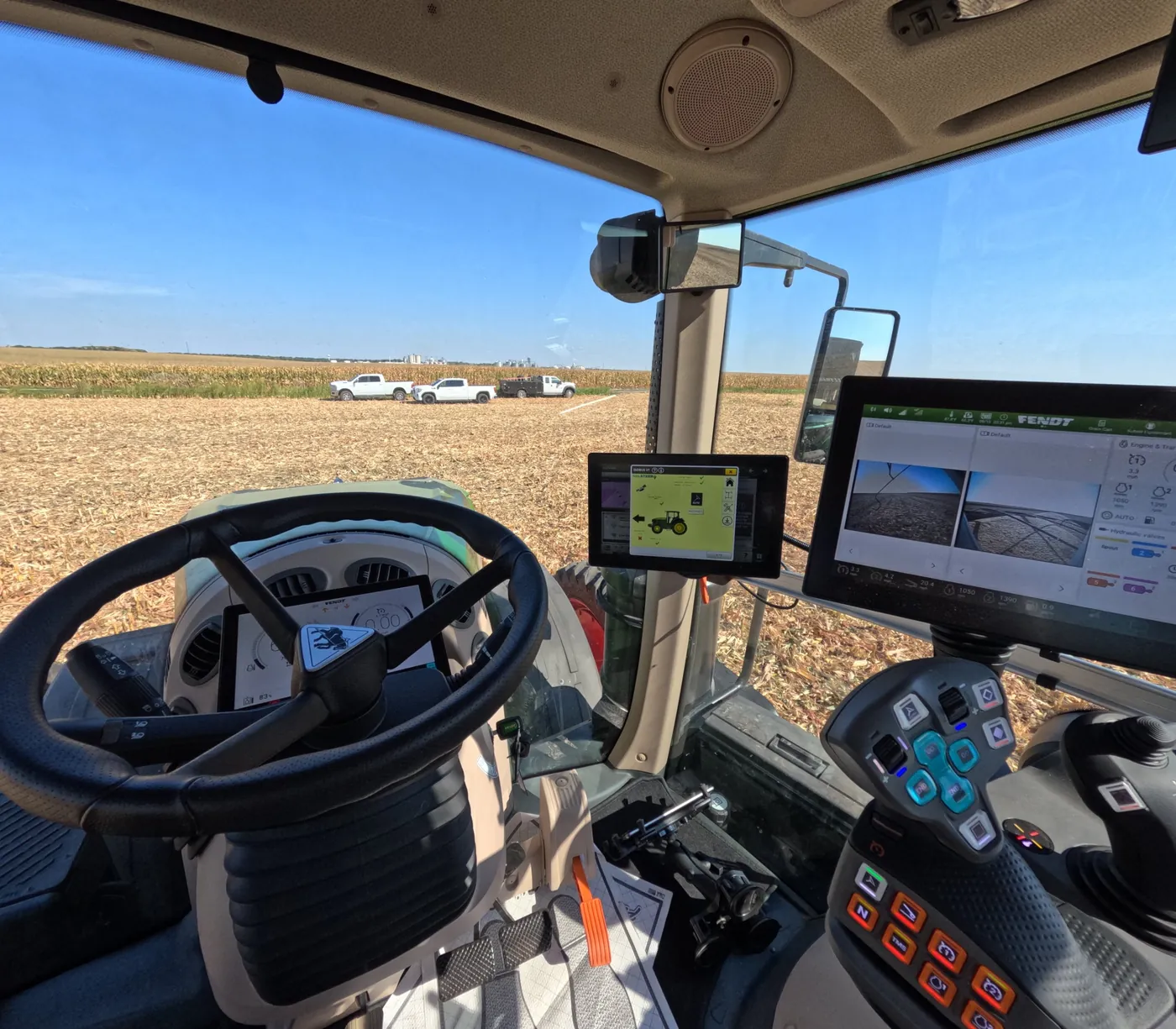 Inside a Fendt cab: the guidance display mounted beside the Fendt terminal, showing the Agri-Steer set-up page