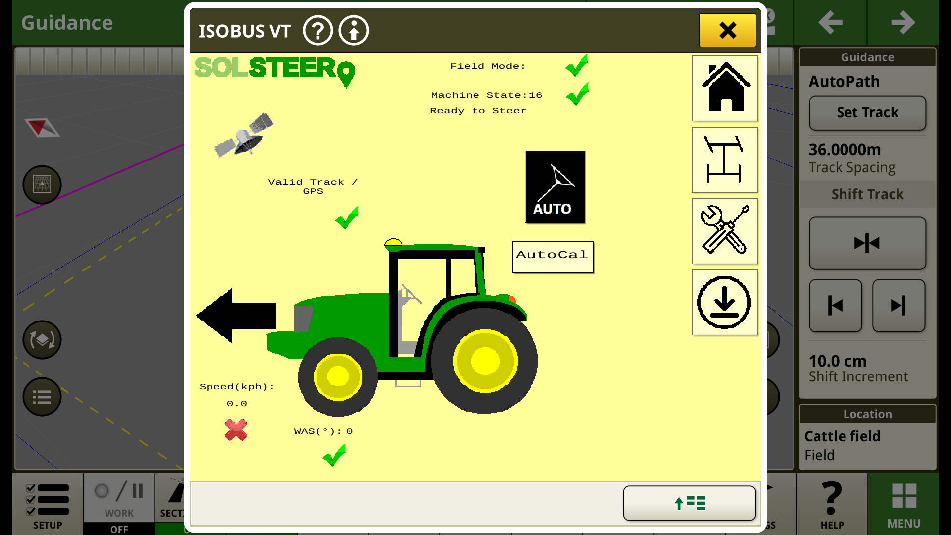 SolSteer ISOBUS Virtual Terminal showing AutoCal, machine state, GPS status, speed and wheel-angle readings