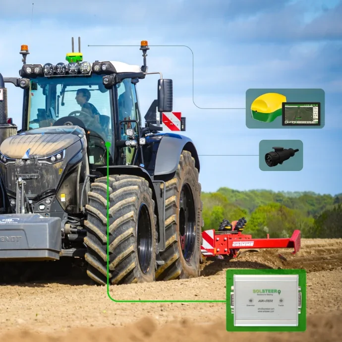 Agri-Steer system on a Fendt: StarFire receiver and GreenStar display connected to the Agri-Steer controller