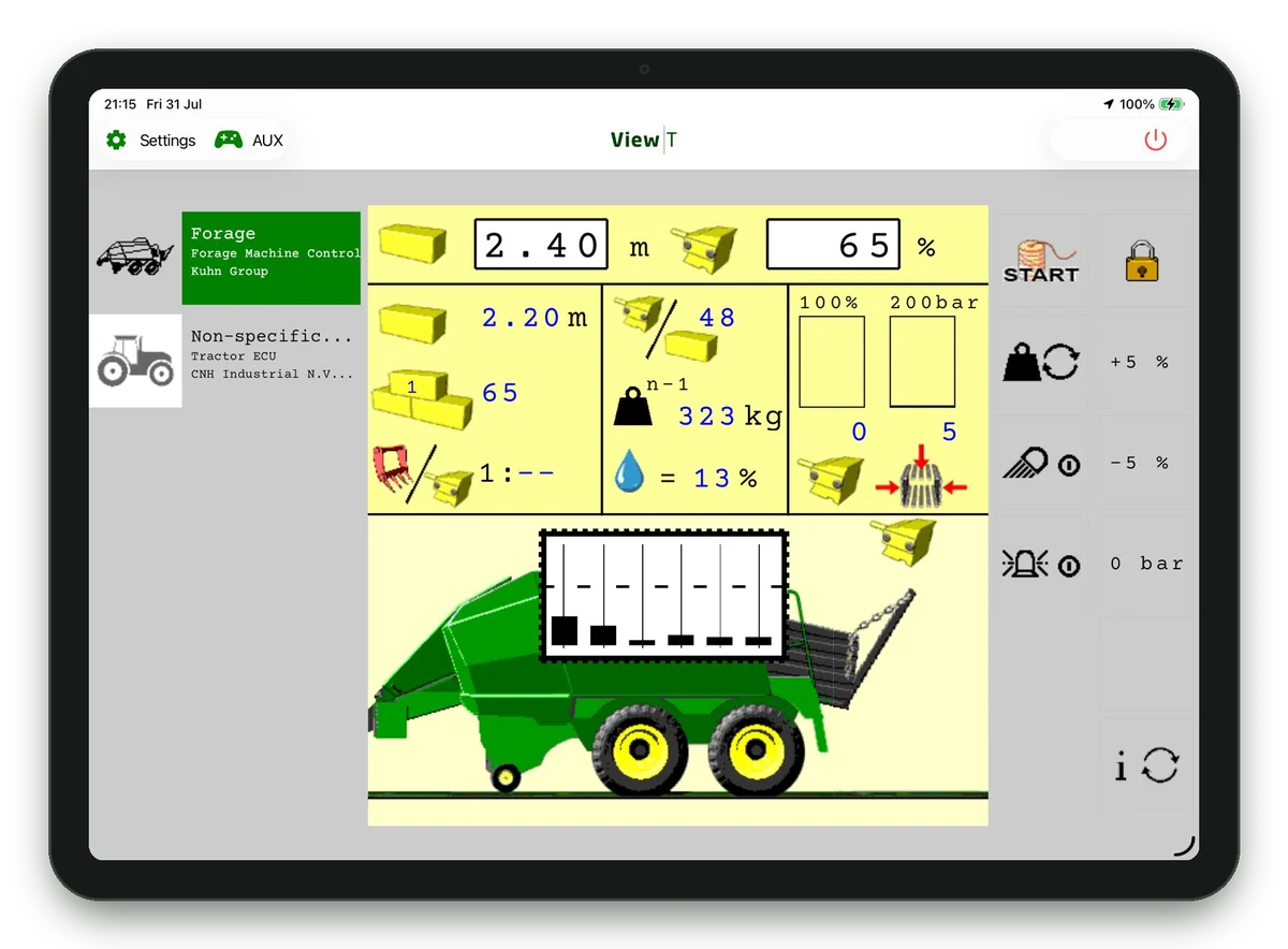 View-T on a tablet showing a baler's ISOBUS control screen