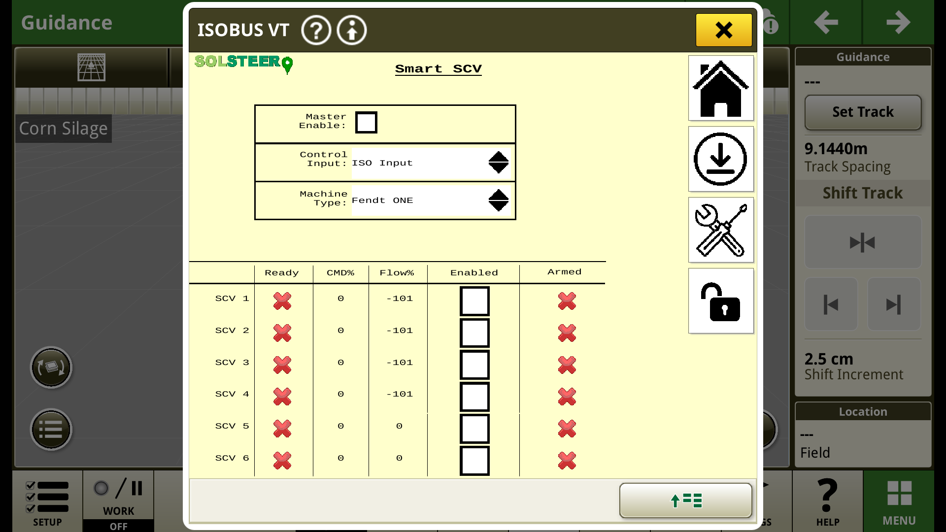 SmartSCV ISOBUS interface showing control input, machine type and valve status